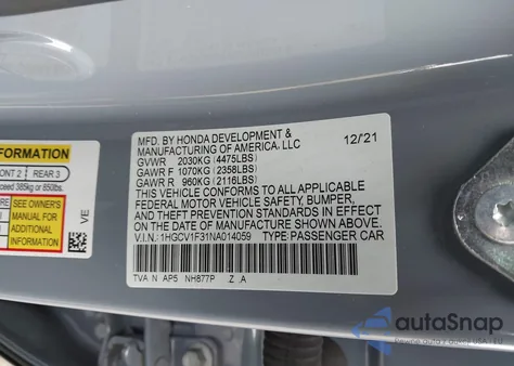 2022 Honda Accord Sport z USA, uszkodzony, nr VIN 1HGCV1F31NA014059